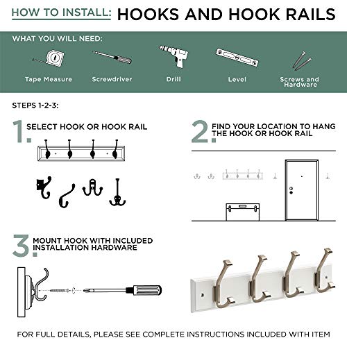 129854 Coat Rack, 10-Inch, Wall Mounted Coat Rack with 3 Decorative Hooks, Satin Nickel and White