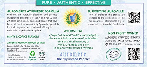 Auromere Ayurvedic Herbal Toothpaste, Classic Licorice Flavour - Vegan, Natural, Non GMO, Fluoride Free, Gluten Free, with Neem & Peelu (4.16 oz), 1 Pack