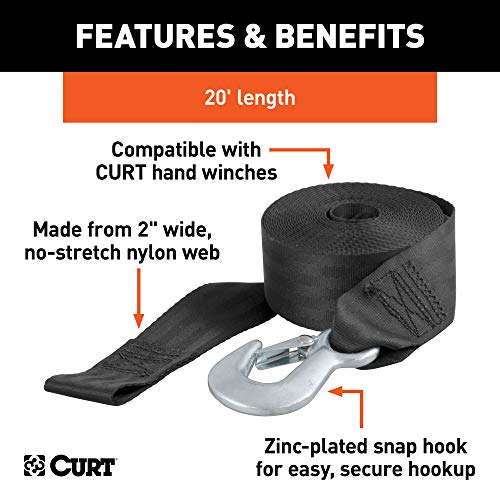 CURT 29007 2-Inch x 20-Foot Nylon Winch Strap with Hook, 4,000 lbs , black
