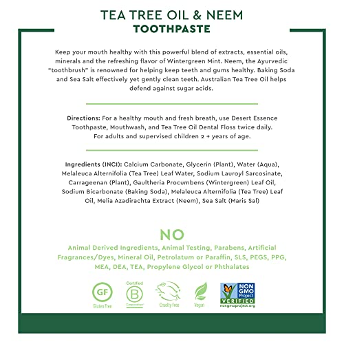 Desert Essence Tea Tree Oil & Neem Toothpaste - 6.25 Ounce - Pack of 3 - Refreshing Rich Taste - Baking Soda & Essential Oil of Wintergreen - Antiseptic - Natural Ingredients - Fluoride & Gluten Free
