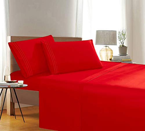 Elegant Comfort Luxury Wrinkle,Fade and Stain Resistant 1500 Thread Count Egyptian Quality 4-Piece Bed Sheet Set, Deep Pocket, , Queen Size , Red