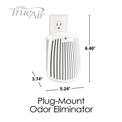 Hamilton Beach TrueAir Plug-Mount Air Freshener Odor Eliminator for Common Household-Tobacco, Pet, Bathroom & Trash, On/Off Fan, with Carbon Filter + Green Meadow Cartridge, White (04530GM)