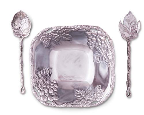 Arthur Court Designs Metal 3-Pc Grape Salad Set Bowl and Server in Grape Pattern Sand Casted in Aluminum with Artisan Quality Hand Polished Design Tarnish-Free 9.5 Inch Diameter