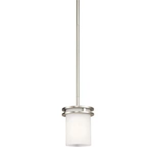 kichler hendrik 7.5″ 1 light mini pendant with satin etched cased opal glass brushed nickel