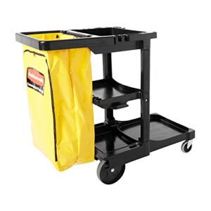 rubbermaid commercial traditional janitorial 3-shelf cleaning cart, wheeled with zippered yellow vinyl bag, for stores, schools, and business, black , 38.4″ x 21.8″ x 46″ (fg617388bla)