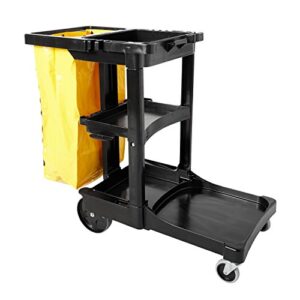 Rubbermaid Commercial Traditional Janitorial 3-Shelf Cleaning Cart, Wheeled with Zippered Yellow Vinyl Bag, for Stores, Schools, and Business, Black , 38.4" x 21.8" x 46" (FG617388BLA)