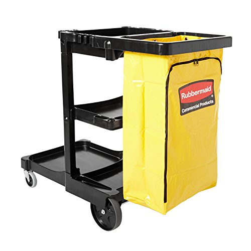 Rubbermaid Commercial Traditional Janitorial 3-Shelf Cleaning Cart, Wheeled with Zippered Yellow Vinyl Bag, for Stores, Schools, and Business, Black , 38.4" x 21.8" x 46" (FG617388BLA)