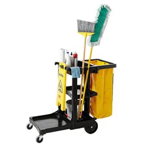 Rubbermaid Commercial Traditional Janitorial 3-Shelf Cleaning Cart, Wheeled with Zippered Yellow Vinyl Bag, for Stores, Schools, and Business, Black , 38.4" x 21.8" x 46" (FG617388BLA)