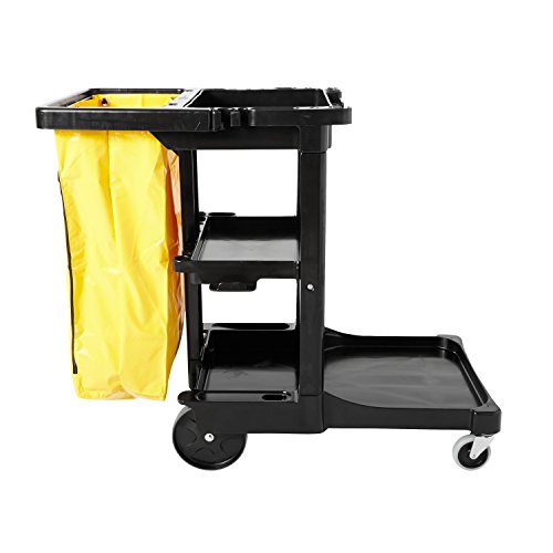 Rubbermaid Commercial Traditional Janitorial 3-Shelf Cleaning Cart, Wheeled with Zippered Yellow Vinyl Bag, for Stores, Schools, and Business, Black , 38.4" x 21.8" x 46" (FG617388BLA)