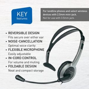 Panasonic Comfort Fit Headset for TCA Series Cordless Landline Phones, Foldable Headset with Flexible Noise-Cancelling Microphone and Volume Control, 2.5 mm Plug, Grey/Silver KX-TCA430