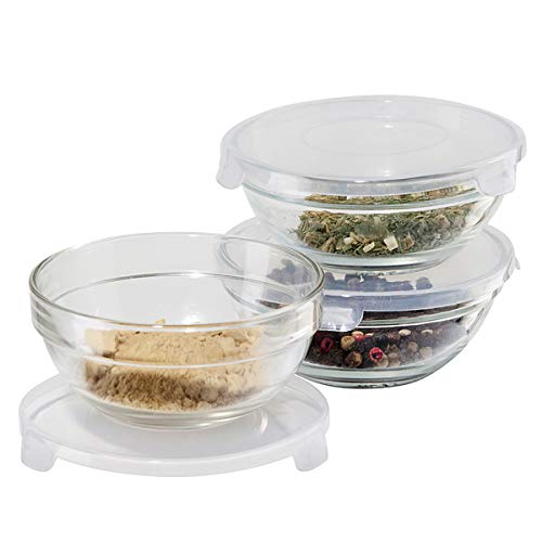 Oggi Set of 3 x Glass Pinch Bowls - 4oz with Clip Lids, Ideal as Salt and Pepper Bowls, Storage Bowls with Lids, Condiment Bowls, Mini Bowls, Prep Bowls for Cooking or Mise en Place Bowls - Clear