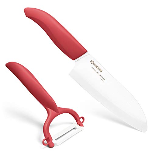 Kyocera Advanced Ceramic Revolution Series 5-1/2-inch Santoku Knife and Y-Peeler Set, Red