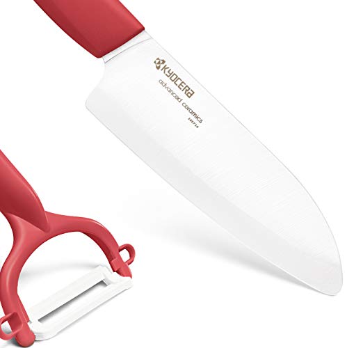 Kyocera Advanced Ceramic Revolution Series 5-1/2-inch Santoku Knife and Y-Peeler Set, Red