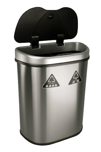 NINESTARS Automatic Touchless Infrared Motion Sensor Trash Can/Recycler with D Shape Silver/Black Lid & Stainless Base, 18 Gal, Stainless Steel