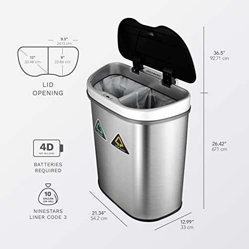 NINESTARS Automatic Touchless Infrared Motion Sensor Trash Can/Recycler with D Shape Silver/Black Lid & Stainless Base, 18 Gal, Stainless Steel