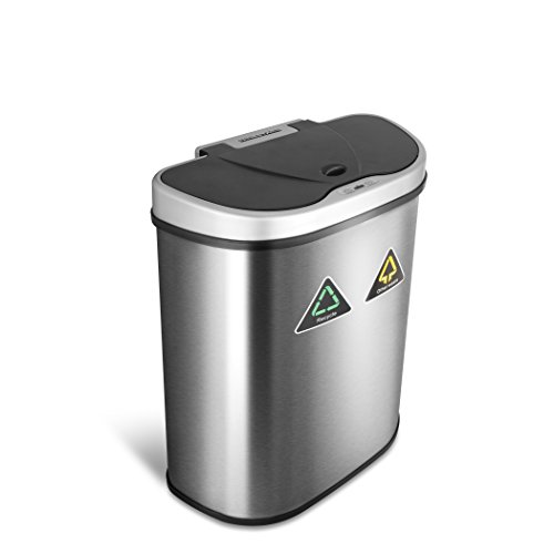 NINESTARS Automatic Touchless Infrared Motion Sensor Trash Can/Recycler with D Shape Silver/Black Lid & Stainless Base, 18 Gal, Stainless Steel