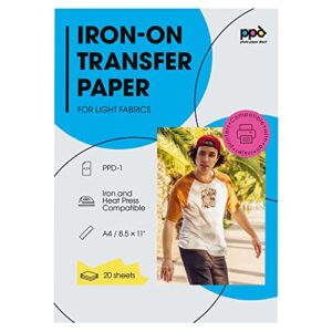 ppd inkjet premium iron-on white and light colored t shirt transfers paper ltr 8.5×11” pack of 20 sheets (ppd001-20)
