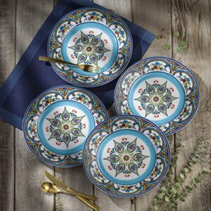 Euro Ceramica Zanzibar Collection Vibrant 10.9" Ceramic Dinner Plates, Set of 4, Spanish Floral Design, Multicolor