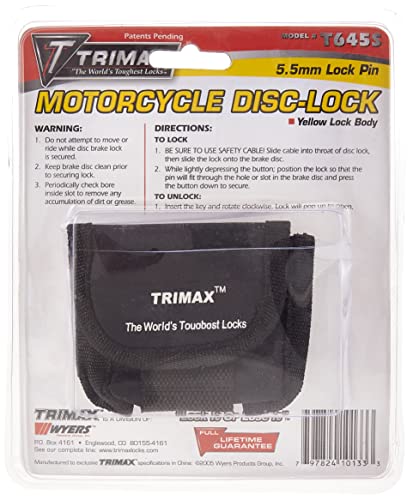 Trimax T645S Hardened Metal Disc Lock - Yellow 5.5mm Pin (Short Throat) with Pouch & Reminder Cable