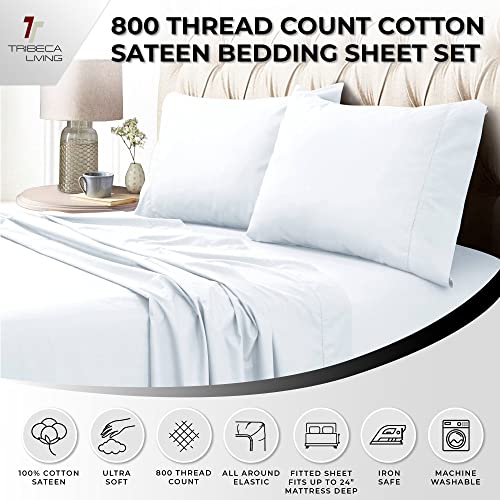 Tribeca Living Queen Bed Sheet Set, Soft Egyptian Cotton Sateen Solid Sheets and Pillowcase Set, Deep Pocket, 800 Thread Count, 4-Piece Luxury Bedding, White