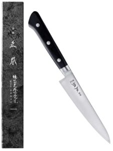 masamoto vg japanese petty knife 5″ (120mm) professional kitchen small utility knife, ultra sharp japanese stainless steel blade, duracon handle, made in japan