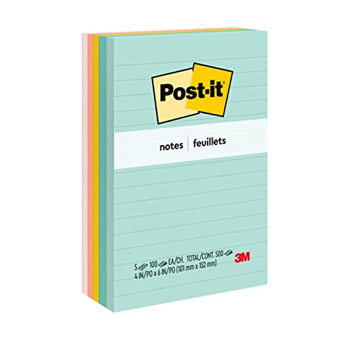 Post-it Notes, 4x6 in, 5 Pads, America's 1 Favorite Sticky Notes, Beachside Cafe Collection, Pastel Colors, Recyclable (660-5PK-AST)