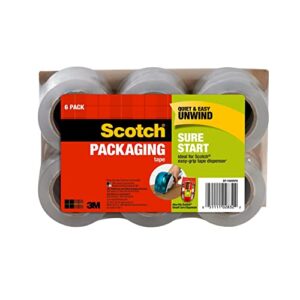 scotch sure start shipping packaging tape, 1.88″ x 25 yd, designed for packing, shipping and mailing, no splitting or tearing, 1.5″ core, clear, 6 rolls (dp-1000rf6)