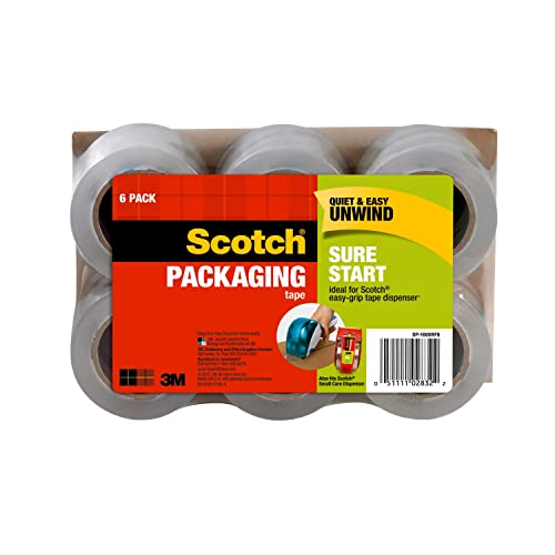 Scotch Sure Start Shipping Packaging Tape, 1.88" x 25 yd, Designed for Packing, Shipping and Mailing, No Splitting or Tearing, 1.5" Core, Clear, 6 Rolls (DP-1000RF6)