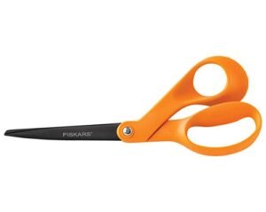 fiskars non-stick bent handle right handed pointed scissors, 8 inches, orange