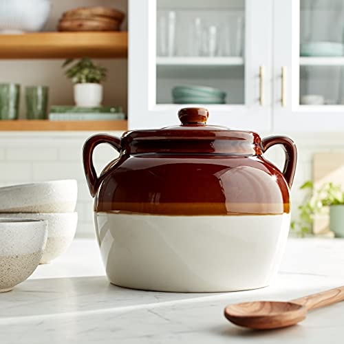 R&M International Traditional Style 4.5-Quart Large Ceramic Bean Pot with Lid, Brown