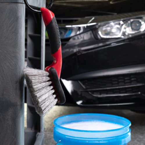 Mothers Car Wash Brush, Wheel and Fender Brush, Short Handle Tire Cleaner for Car Detailing, 12 Inch, Red/Black