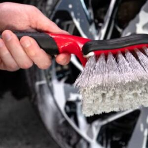 Mothers Car Wash Brush, Wheel and Fender Brush, Short Handle Tire Cleaner for Car Detailing, 12 Inch, Red/Black