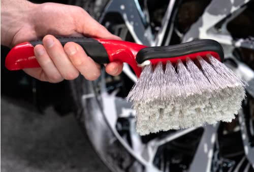 Mothers Car Wash Brush, Wheel and Fender Brush, Short Handle Tire Cleaner for Car Detailing, 12 Inch, Red/Black