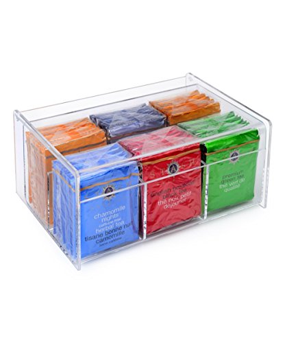 Stock Your Home Acrylic 6 Section Tea Bag Box (Clear) (8.5"L x 5.5"W x 3.5"H)