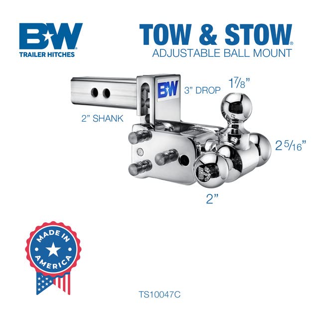 B&W Trailer Hitches Chrome Tow & Stow Adjustable Trailer Hitch Ball Mount - Fits 2" Receiver, Tri-Ball (1-7/8" x 2" x 2-5/16"), 3" Drop, 10,000 GTW - TS10047C