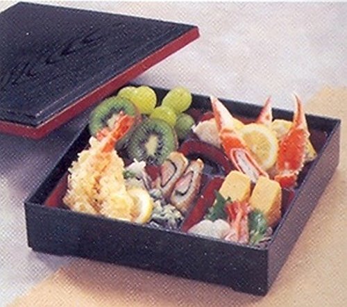 JapanBargain 1923, Red and Black Japanese Traditional Plastic Lacquered Lunch Bento Box 5 Compartments for Restaurant or Home Tray Plate and Lid 3pc Set Made in Japan, 9.5"x9.5"