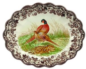 spode woodland oval fluted dish with pheasant design | 14.5 inch large serving platter | serving tray for events, dinner parties, and thanksgiving | microwave and dishwasher safe