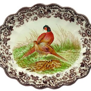 Spode Woodland Oval Fluted Dish with Pheasant Design | 14.5 Inch Large Serving Platter | Serving Tray for Events, Dinner Parties, and Thanksgiving | Microwave and Dishwasher Safe