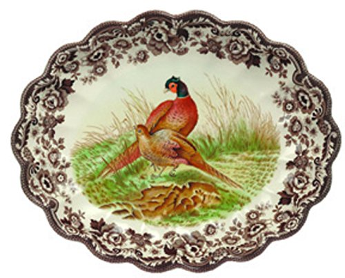 Spode Woodland Oval Fluted Dish with Pheasant Design | 14.5 Inch Large Serving Platter | Serving Tray for Events, Dinner Parties, and Thanksgiving | Microwave and Dishwasher Safe