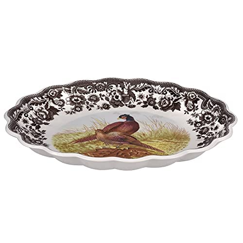 Spode Woodland Oval Fluted Dish with Pheasant Design | 14.5 Inch Large Serving Platter | Serving Tray for Events, Dinner Parties, and Thanksgiving | Microwave and Dishwasher Safe