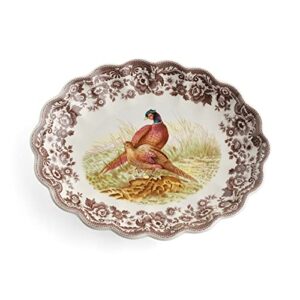 Spode Woodland Oval Fluted Dish with Pheasant Design | 14.5 Inch Large Serving Platter | Serving Tray for Events, Dinner Parties, and Thanksgiving | Microwave and Dishwasher Safe