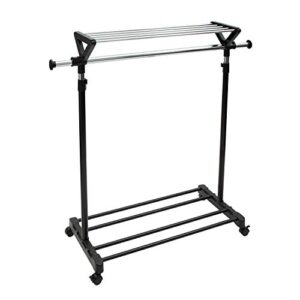 organize it all adjustable mobile clothing rack with top and bottom storage shelf