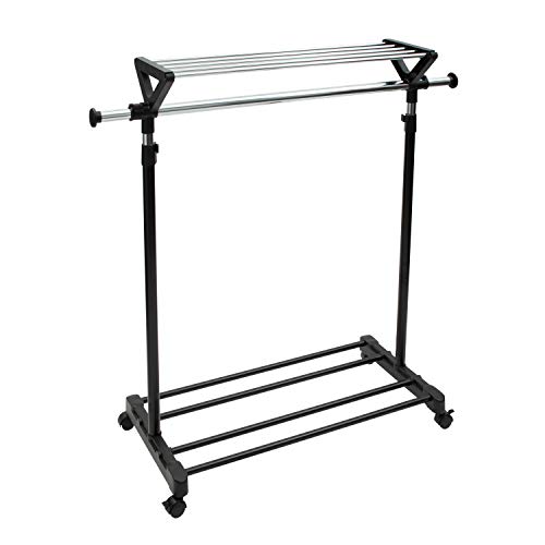 Organize It All Adjustable Mobile Clothing Rack With Top and Bottom Storage Shelf