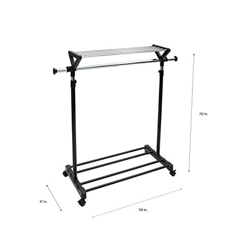 Organize It All Adjustable Mobile Clothing Rack With Top and Bottom Storage Shelf