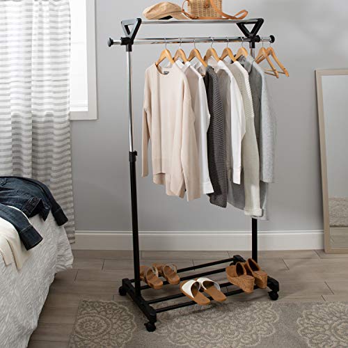 Organize It All Adjustable Mobile Clothing Rack With Top and Bottom Storage Shelf