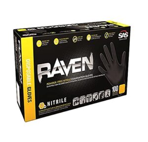 sas safety 66517 raven powder-free disposable black nitrile 7-mil gloves, 100 gloves by weight