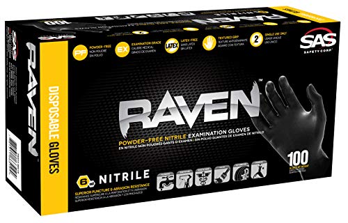 SAS Safety 66517 Raven Powder-Free Disposable Black Nitrile 7-Mil Gloves, 100 Gloves by Weight