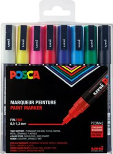 posca full set of 8 acrylic paint pens with reversible fine point pen tips, paint markers for rock painting, fabric, glass / metal paint, and graffiti