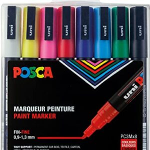 Posca Full Set of 8 Acrylic Paint Pens with Reversible Fine Point Pen Tips, Paint Markers for Rock Painting, Fabric, Glass / Metal Paint, and Graffiti