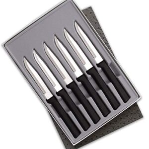 rada cutlery serrated steak knife set – stainless steel knives with black stainless steel resin handle, set of 6